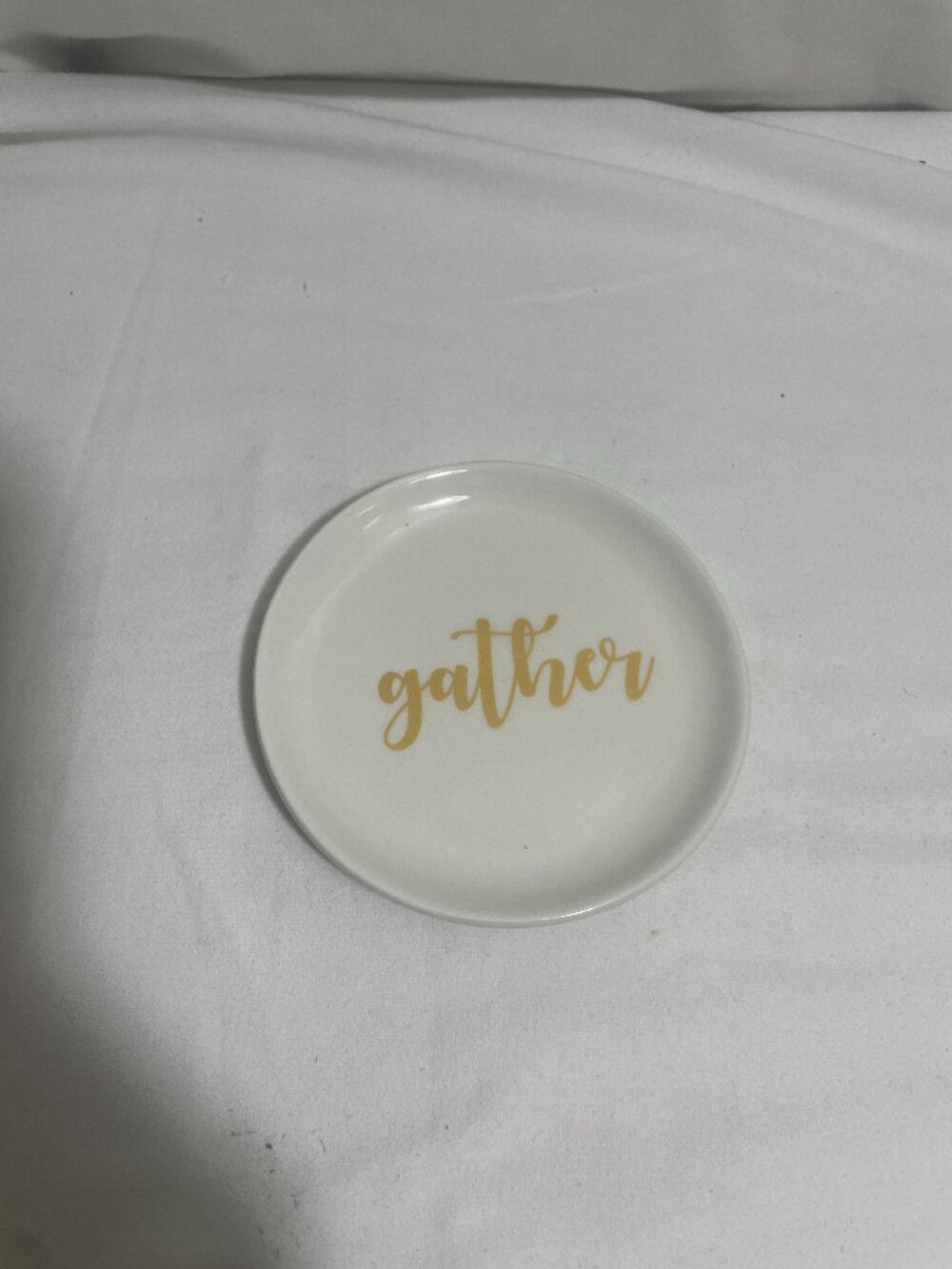 Gather Trinket Dish White Ceramic Gold Script 4.5" Round